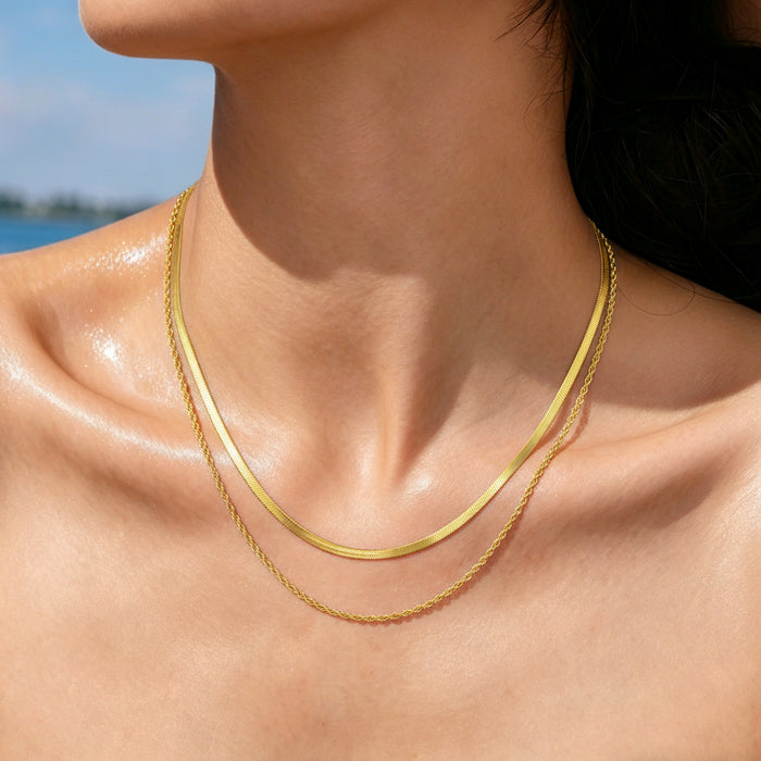 Wholesale 2pcs Stacked necklaces,  plain chain,  snake bone,  titanium steel chain