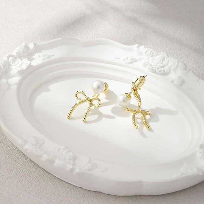 Wholesale New pearl bow earrings silver ribbon earrings hanging pearl high-end earrings