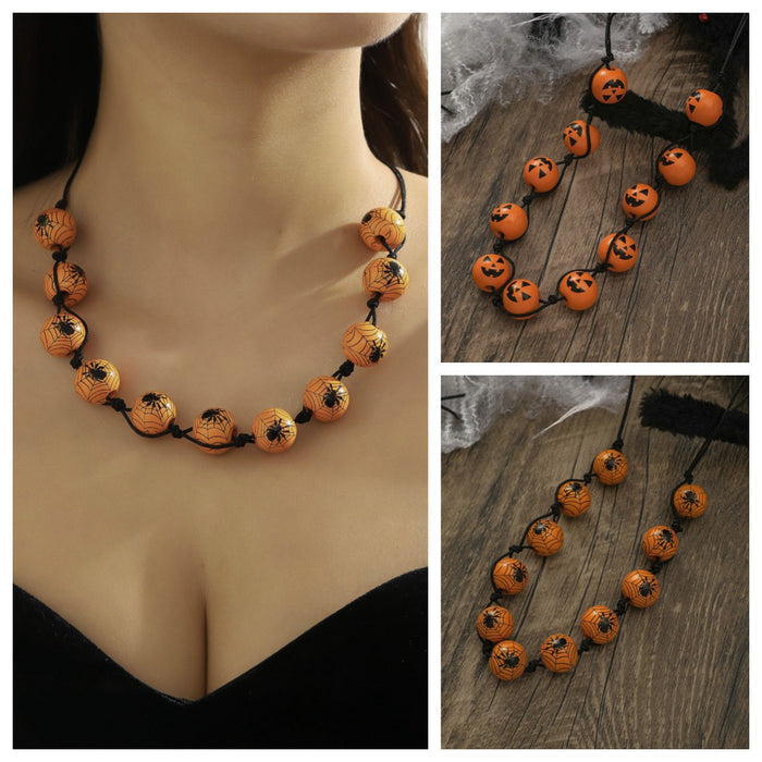 Wholesale Halloween Pumpkin Spider Print Wooden Bead Necklace JDC-NE-JunJie003