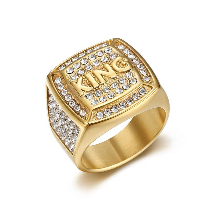 Wholesale Titanium Steel Vacuum Gold Plated Water Diamond KING King Men's Ring JDC-RS-HongX013