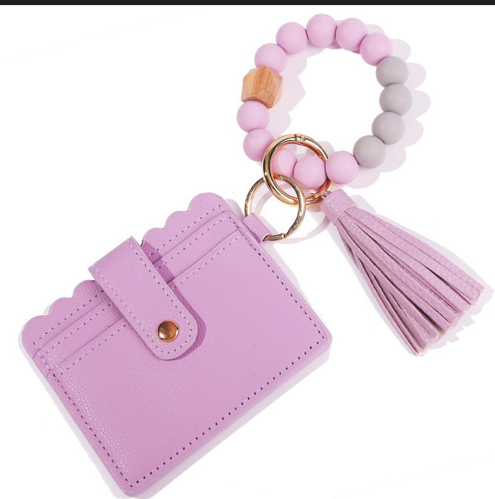 Wholesale Silicone Beads Bracelet Card Holder Leopard Print PU Leather Tassel Pendant Keychain JDC-KC-JinY010