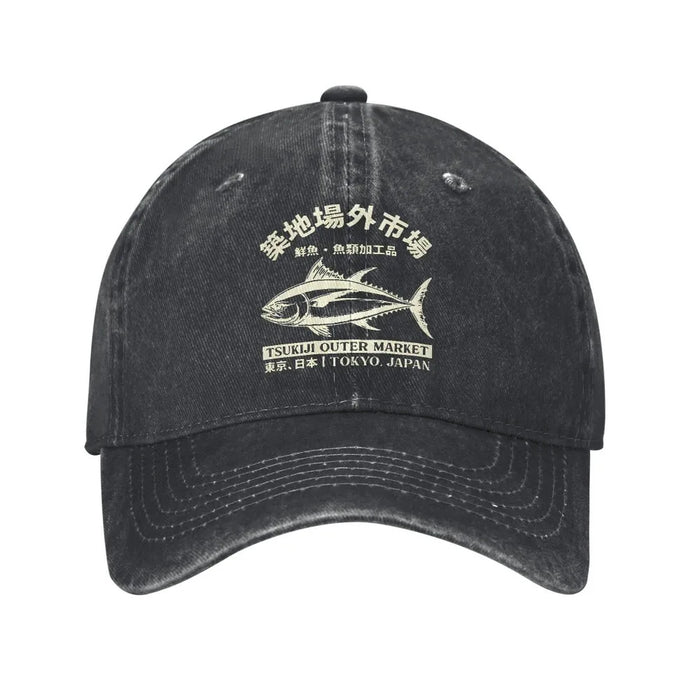 Wholesale Retro Japanese Tuna Print Washed Baseball Cap Adjustable Summer Sun Hat For Resale