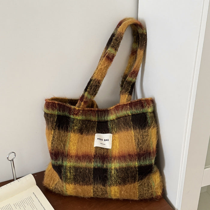 Wholesale Simple Woolen Handbag Large Capacity Classic Plaid Wool Shoulder Bag