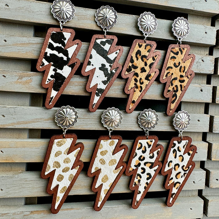 Wholesale Western lightning earrings classic leopard print genuine leather inlaid wood texture earrings