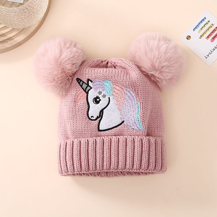 Wholesale Children' s Knit Hat for Autumn and Winter  Embroidered Unicorn and Double Pom-Poms Warm Winter Hat