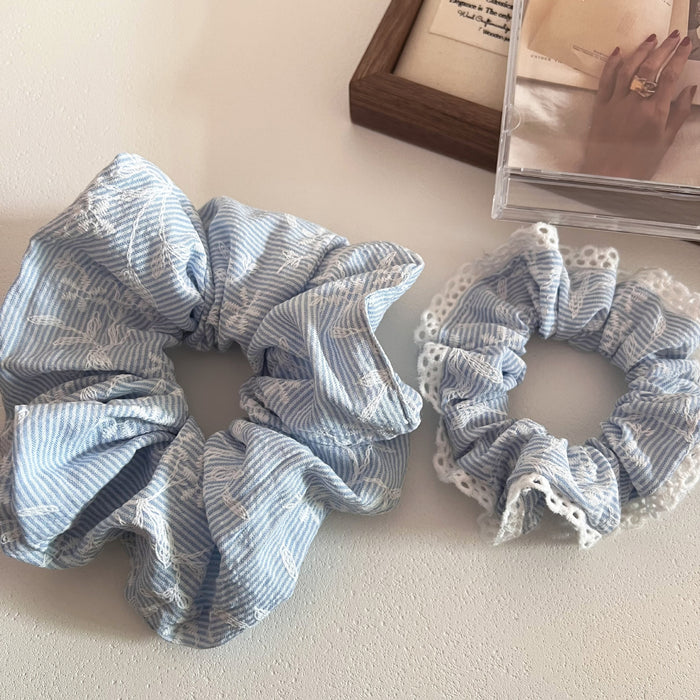 Wholesale Fresh blue striped embroidery floral lace lace hair loop hair tie hair accessory