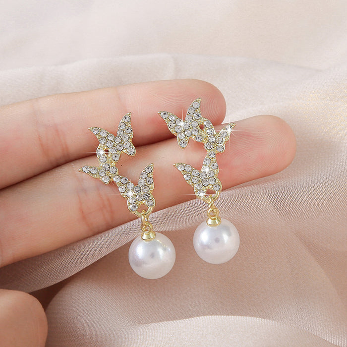 Wholesale New butterfly studded diamond earrings with temperament, long style, high-end feel, light luxury, fashionable and atmospheric pearl earrings
