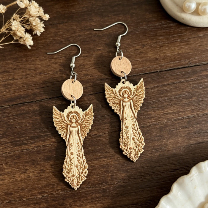 Wholesale Wooden Earrings Printed Angel Floral Bohemian Double Layer Jewelry Accessory
