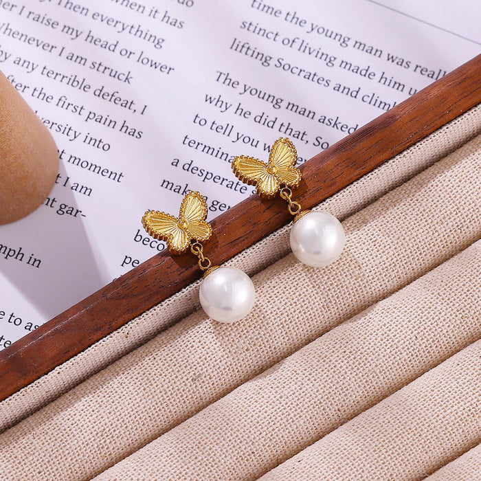 Wholesale Titanium Steel Butterfly Pearl Earrings 18K Gold Plated
