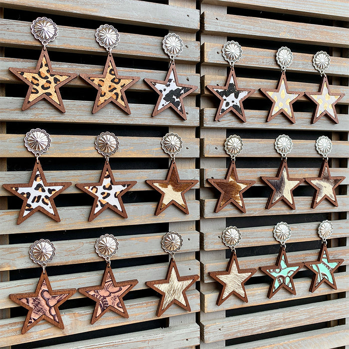 Wholesale Western Denim five-pointed star Natural genuine leather earrings leopard print milk pattern inlaid earrings