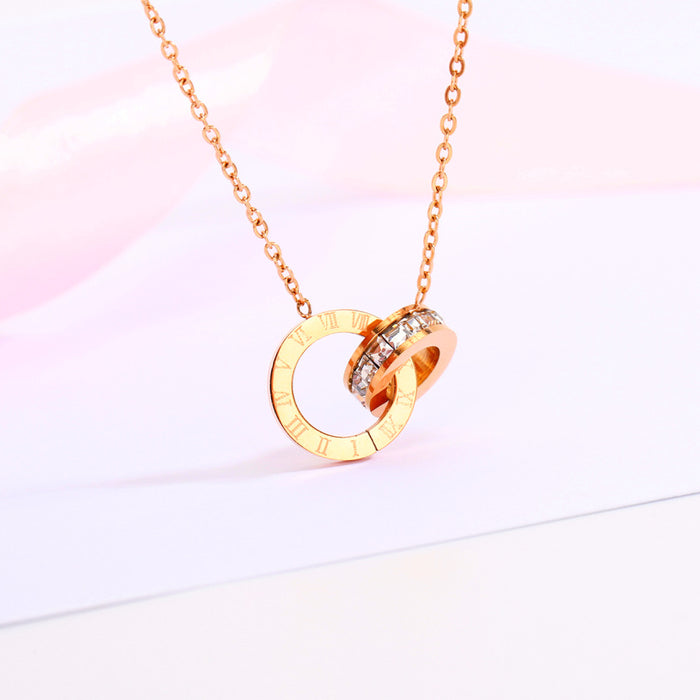 Wholesale 2pcs Titanium Steel Rose Gold Roman Double Ring Number Necklace JDC-NE-XinLong015