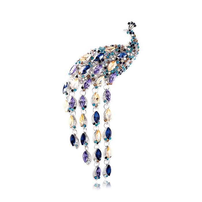 Wholesale Diamond-encrusted Retro large long-tail crystal peacock tassel brooch sweater jewelry