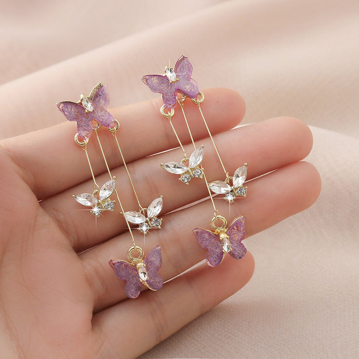 Wholesale Silver needle purple butterfly tassel earrings with a light luxury and high-end feel, sparkling diamond long earrings, retro temperament earrings