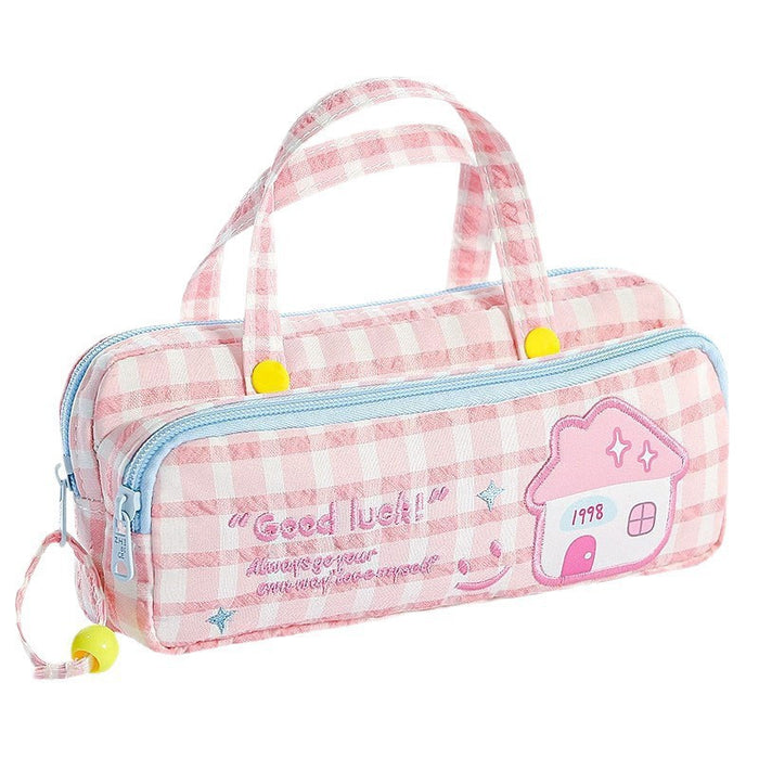 Wholesale Fabric Pencil Case Trendy Pink Plaid Face For School Girls