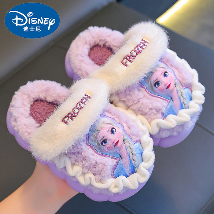 Wholesale Disney Winter Children's Cotton Slippers for Girls Princess Elsa Warm Plus Velvet Thick Bottom Home Girl Cotton Slippers JDC-SP-Langd004