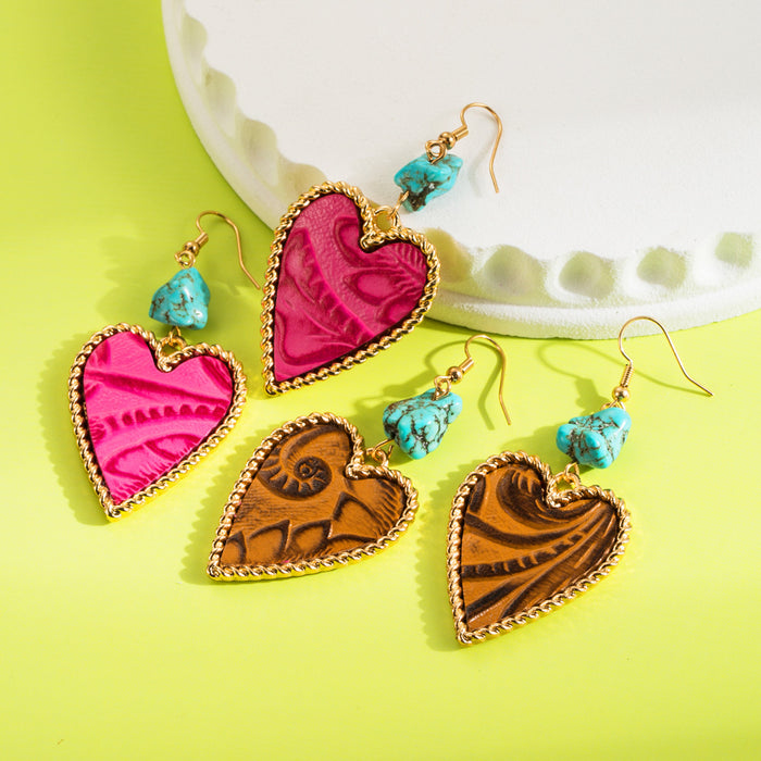 Wholesale Alloy leather printed turquoise heart earrings