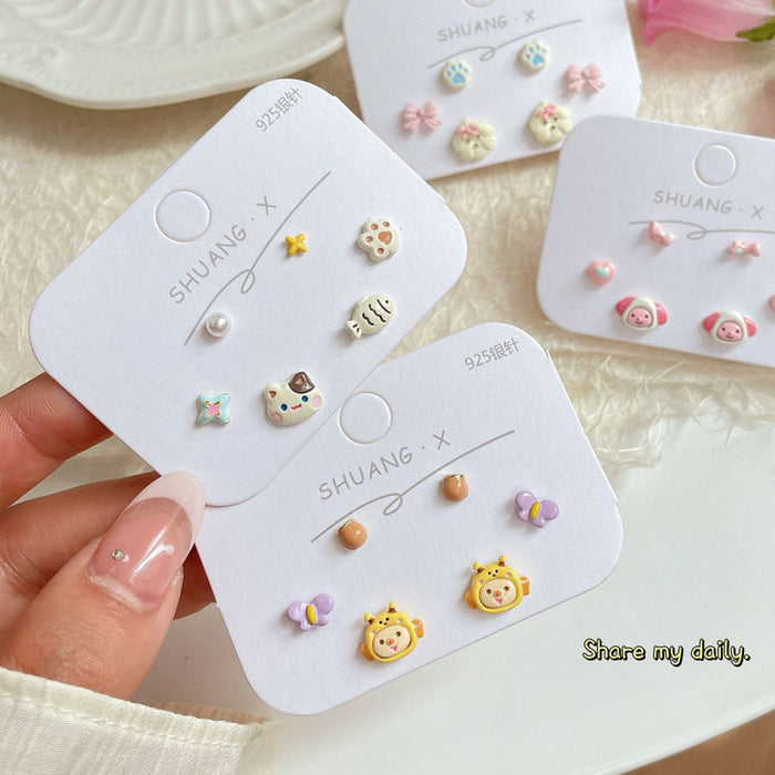 Wholesale  Cartoon Cute Earrings Three-piece Set Women's Silver Needle Children's  Beaver Earrings