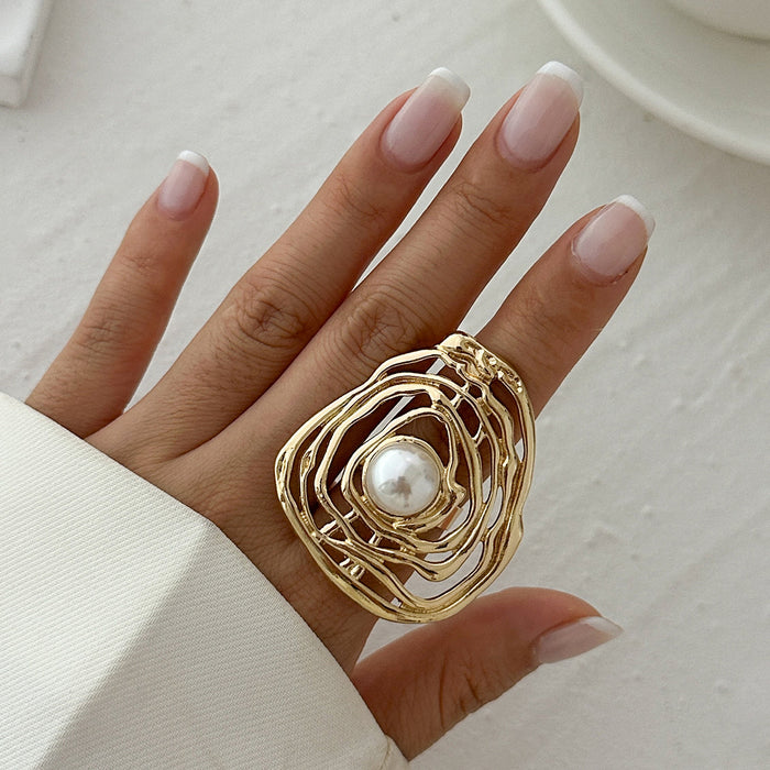 Wholesale Regular hollow winding imitation pearl ring niche alloy open ring