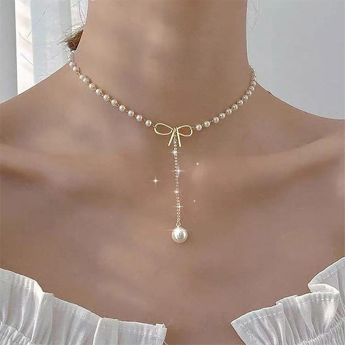Wholesale Bow, pearl necklace, tassel pendant, exquisite collarbone chain, fashionable personality, simple necklace