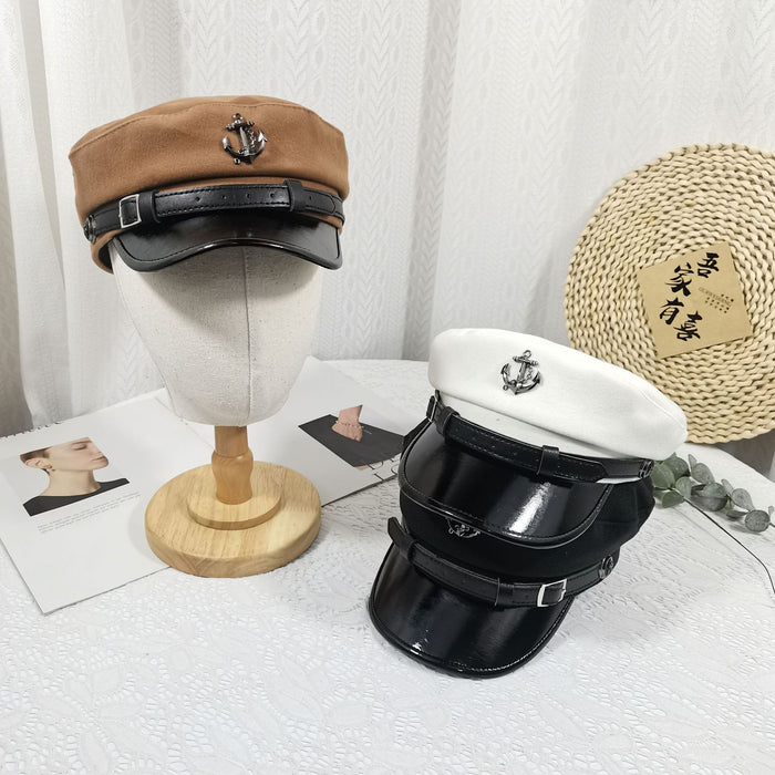 Wholesale New woolen octagonal hat women's belt buckle boat anchor flat top hat shiny leather wide brim versatile navy hat