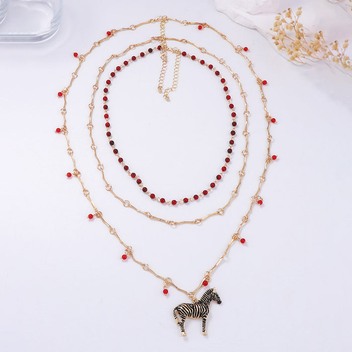 Wholesale Multi-layer Stacked Beaded Chain Necklace Alloy Zebra Pendant Necklace