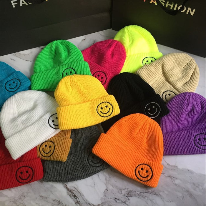 Wholesale Smiley Face Embroidery Solid Color Acrylic Knitted Wool Hat JDC-FH-YBQX006