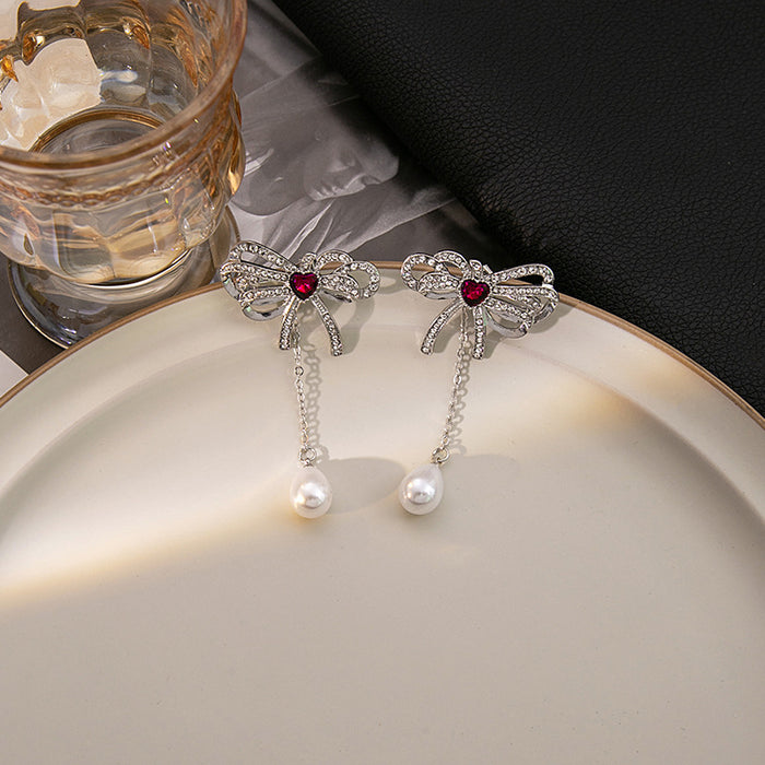 Wholesale Silver needle sweet pink heart earrings simple micro-inlaid zircon pearl earrings bow earrings