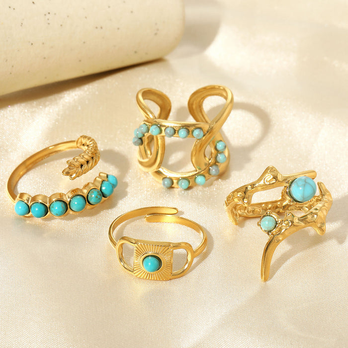 Wholesale Stainless Steel Gold Turquoise Wheat-Ear Design Adjustable rings