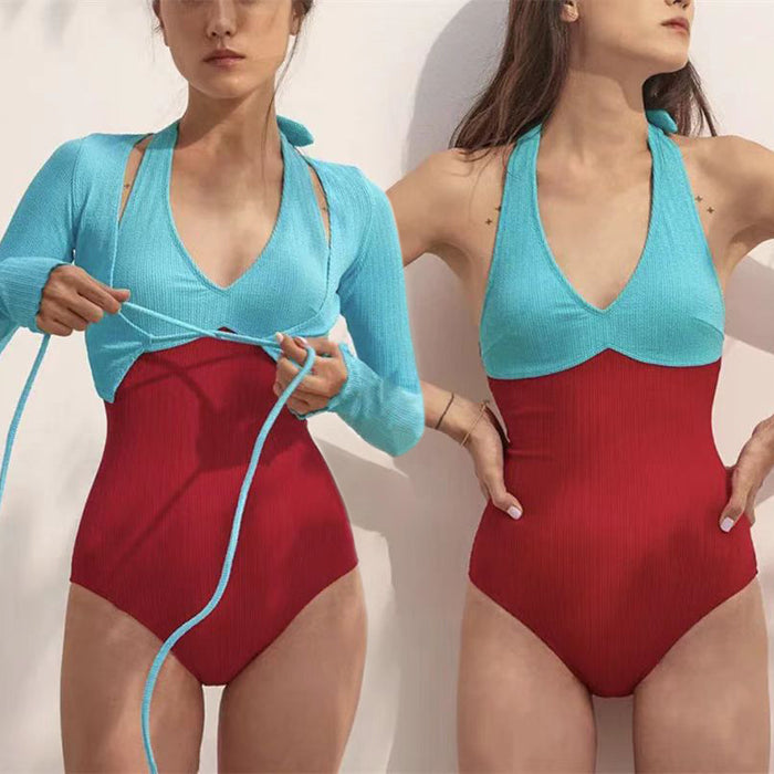 Wholesale Swimsuit one-piece two-piece set with long sleeves, sun protection, fashionable color blocking, and slim fit
