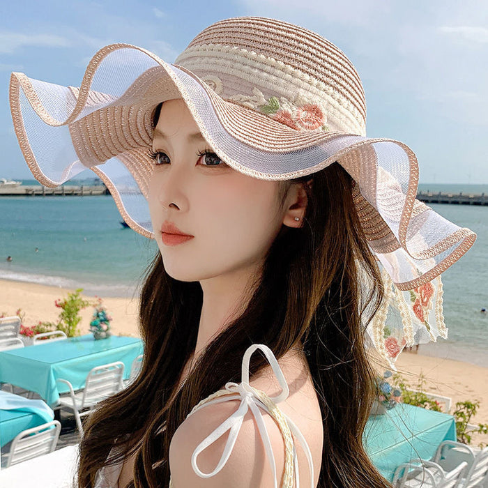 Wholesale Flower ribbon sun hat, sun hat, large brim straw hat