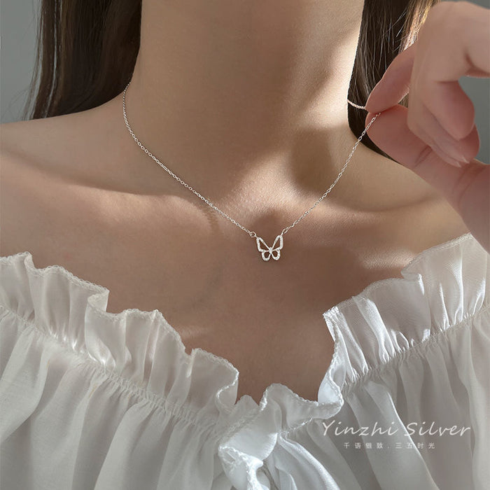 Wholesale Hollow out butterfly studded diamond necklace, elegant collarbone chain, niche design, minimalist forest style necklace