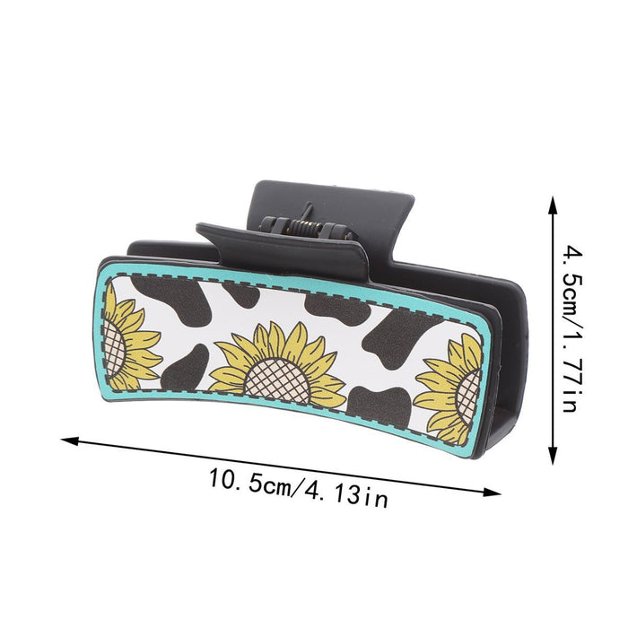 Wholesale Western Cowboy Style Sunflower Cow Pattern Leather Women' s Hairpin Grabber Shark Clip Hair Accessories Clip