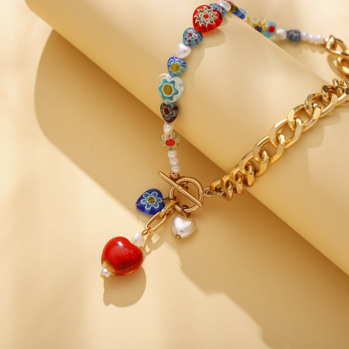 Wholesale Glass heart necklace, elegant personality, pearl collarbone necklace accessory