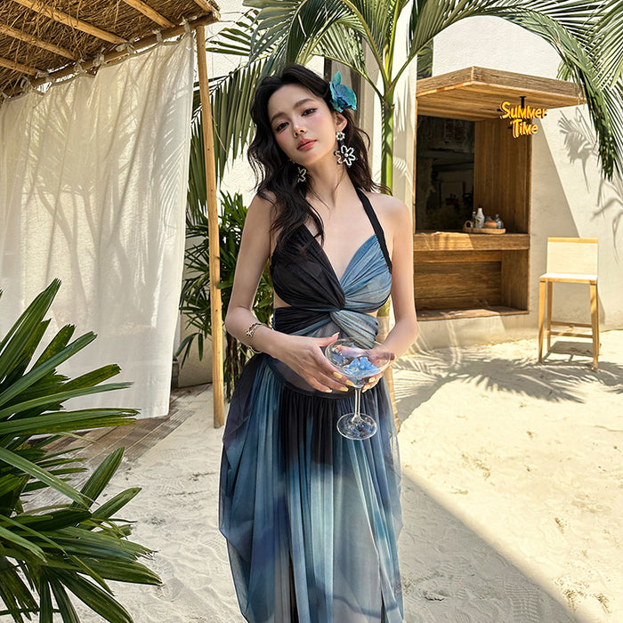 Wholesale Hanging neck tie dye printed mesh backless dress, long skirt, swimsuit