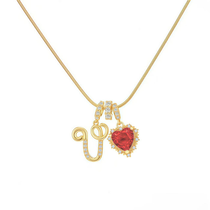 Wholesale Vintage letter red zircon heart necklace