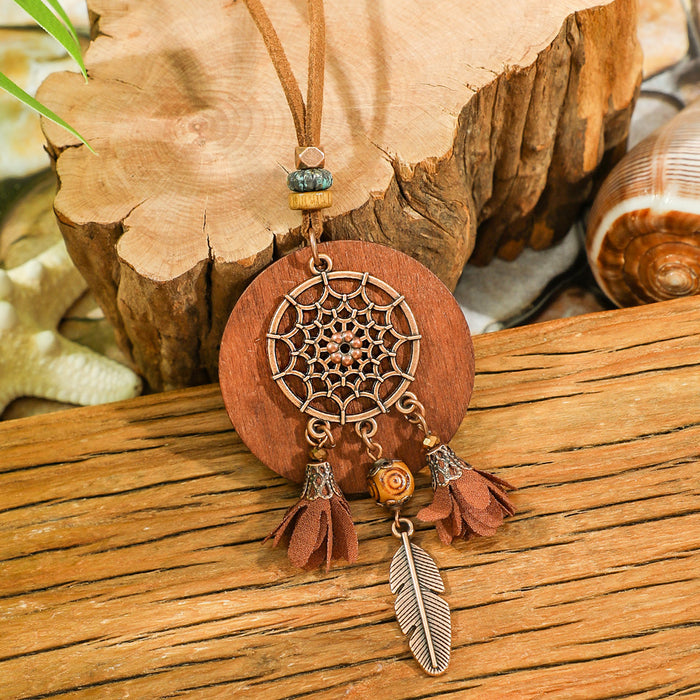 Wholesale Bohemian Dreamcatcher Tassel Earrings and Wooden Pendant Necklace Set