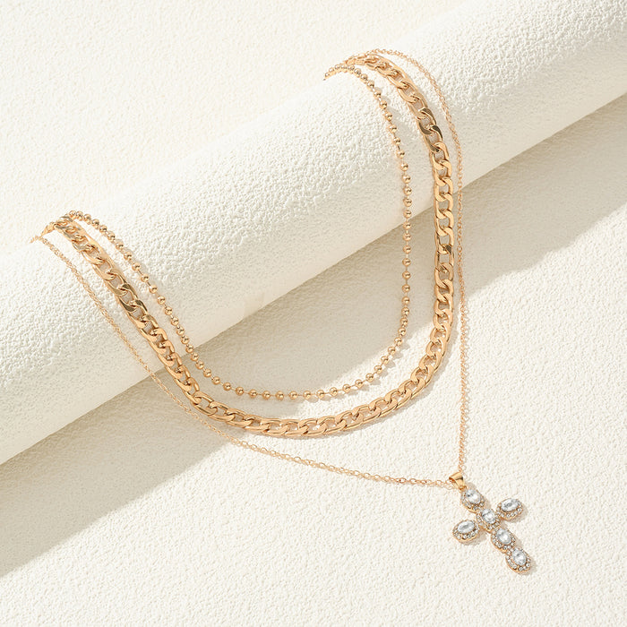 Wholesale Trendy cross necklace, light luxury, niche diamond inlaid pendant, personalized layering, high-end sweater chain