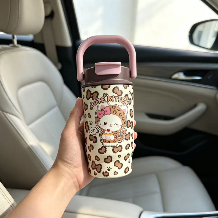 Wholesale Stylish Leopard Print Stainless Steel Cup With Handle Pop Lid For Car School Gift
