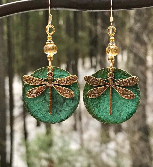 Wholesale Vintage Dark Green Dragonfly Ethnic Style Earrings JDC-ES-SaIP108