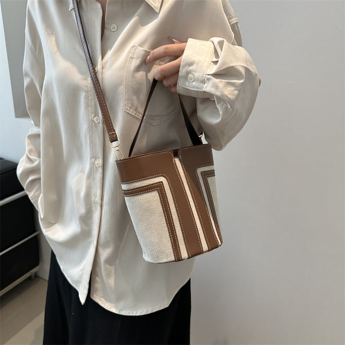 Wholesale Street Trend Khaki PU Bucket Small Spliced Bag - Fashion Accessory Gift