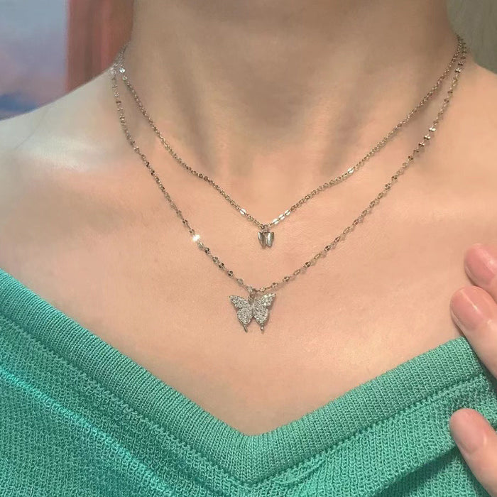 Wholesale New Flash Diamond Double layer Butterfly Pendant Clavicle Chain, niche, light luxury, versatile necklace, fashionable design sense new