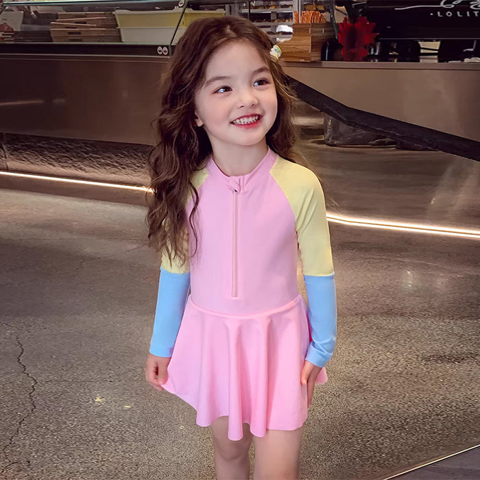 Wholesale Children's Swimwear Girls' Children's Polyester Long Sleeve Girl's Dopamine Skirt Hot Spring Swimsuit