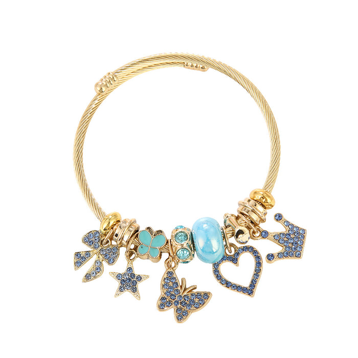 Wholesale Diamond-encrusted butterfly and heart beaded stainless steel bracelet