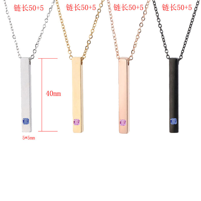 Wholesale Titanium steel pendant necklace, cubic engraved long necklace, diamond inlaid rectangular stainless steel three-dimensional rod necklace
