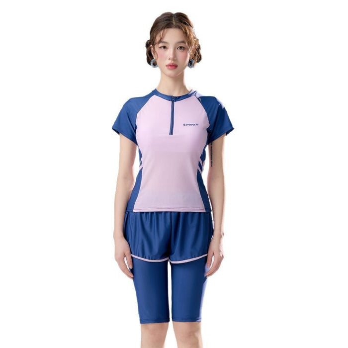 Wholesale Swimsuit two-piece set with five piece pants, sporty and conservative color blocking