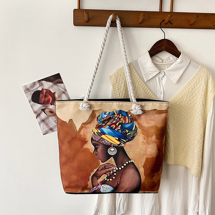 Wholesale Outdoor practical versatile retro canvas bag cartoon print portable beach bag large capacity