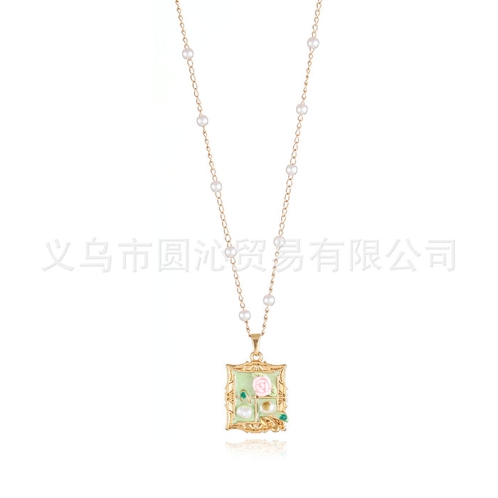 Wholesale Vintage oil painting style necklace for women, versatile and high-end, drip oil flower pendant, collarbone chain accessory