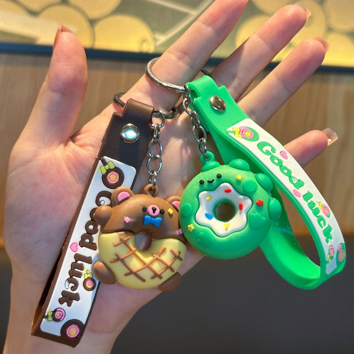 Wholesale PVC Cartoon Donut Keychain With Leather Strap Cute Car Bag Charm Gift For Resale