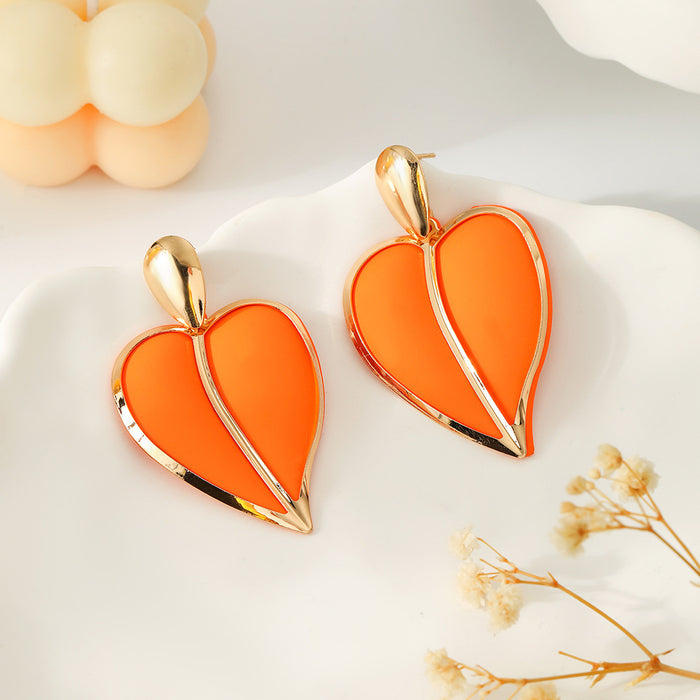 Wholesale New fashionable and versatile design, colorful spray painted heart-shaped water droplet double-layer earrings