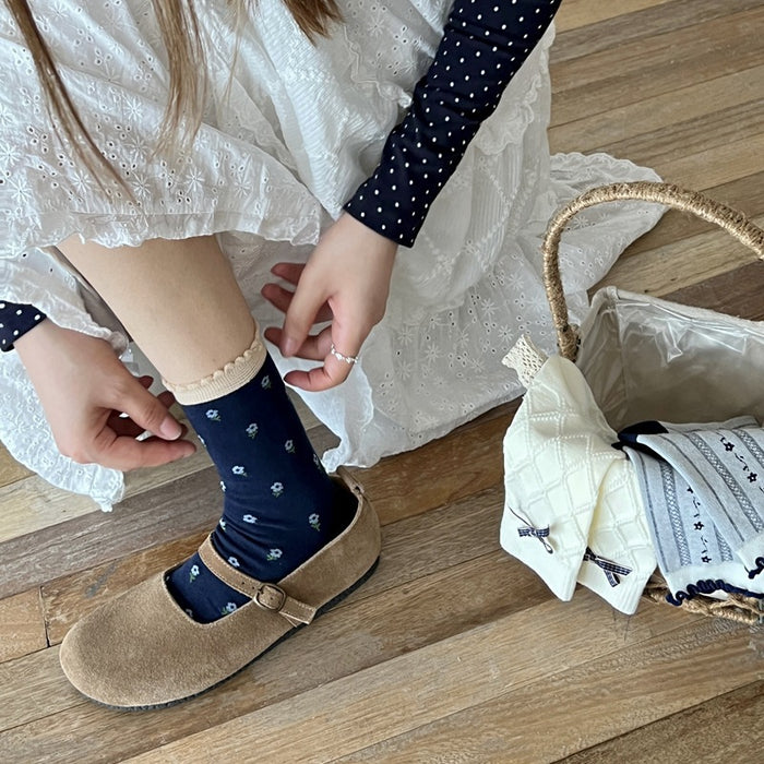 Wholesale Retro navy blue bow socks, children's mid length socks, pure cotton socks